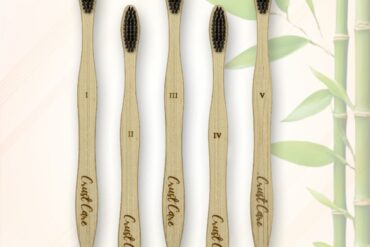 Pack of 5 Charcoal Biodegradable Bamboo Toothbrush Family Pack (5-Pack) with Charcoal Bristles, Individually Packed + 1 Free Bamboo Tongue Cleaner – Oral Care Set